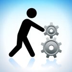 Repairing Stick Figure with Gears on Grid Background